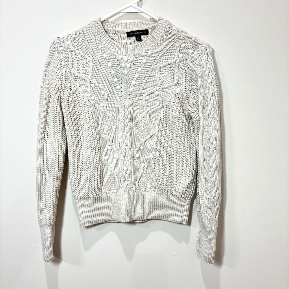 Banana Republic Cable Knit Sweater Women XS Cream Beaded Chunky Quiet Luxury